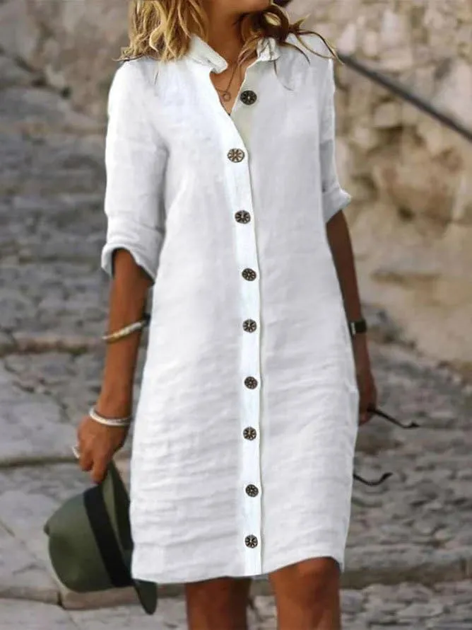 ZOCAVIA Cotton Linen Shirt Dress for Women Fashion Button Down Half Sleeve V Neck Beach Casual Loose Fit Solid Midi Dresses