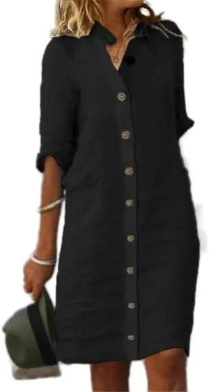 ZOCAVIA Cotton Linen Shirt Dress for Women Fashion Button Down Half Sleeve V Neck Beach Casual Loose Fit Solid Midi Dresses