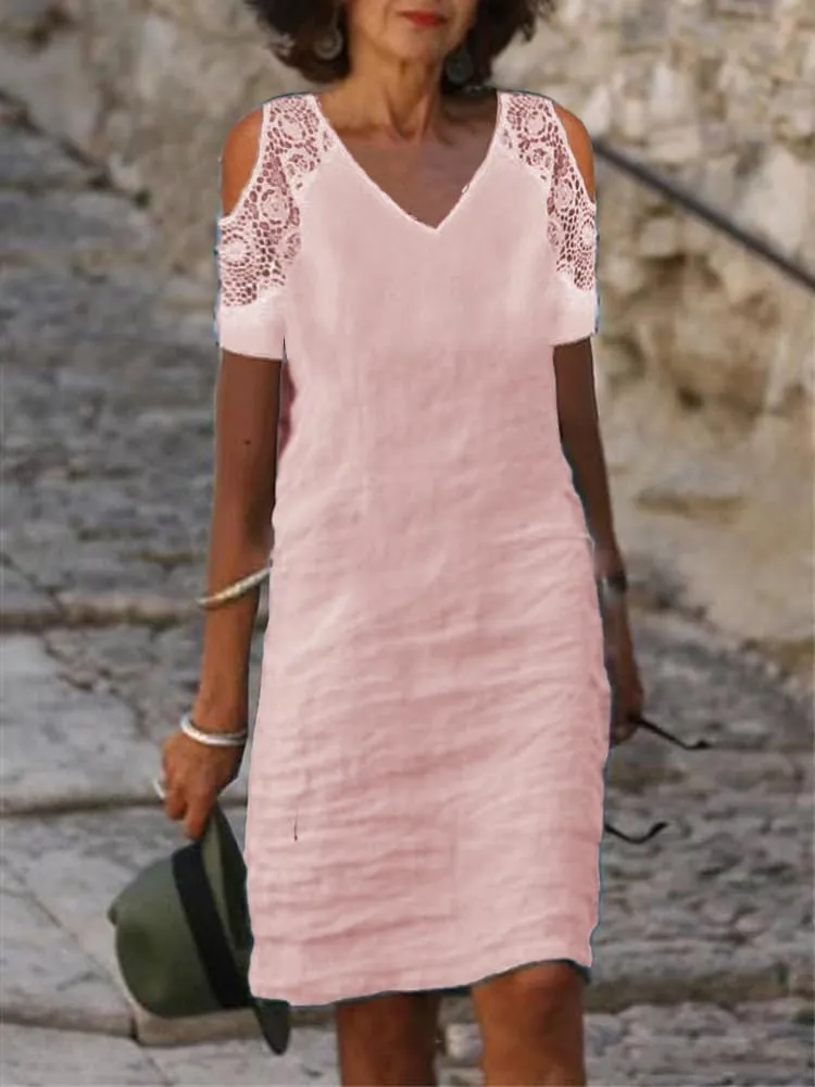 ZOCAVIA Womens Cotton Linen Dress Lace V Neck Summer Beach Vacation Knee Length Tshirt Shift Dresses Short Sleeve Plus Size