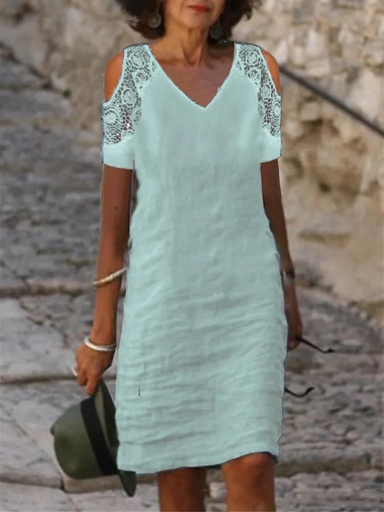 ZOCAVIA Womens Cotton Linen Dress Lace V Neck Summer Beach Vacation Knee Length Tshirt Shift Dresses Short Sleeve Plus Size