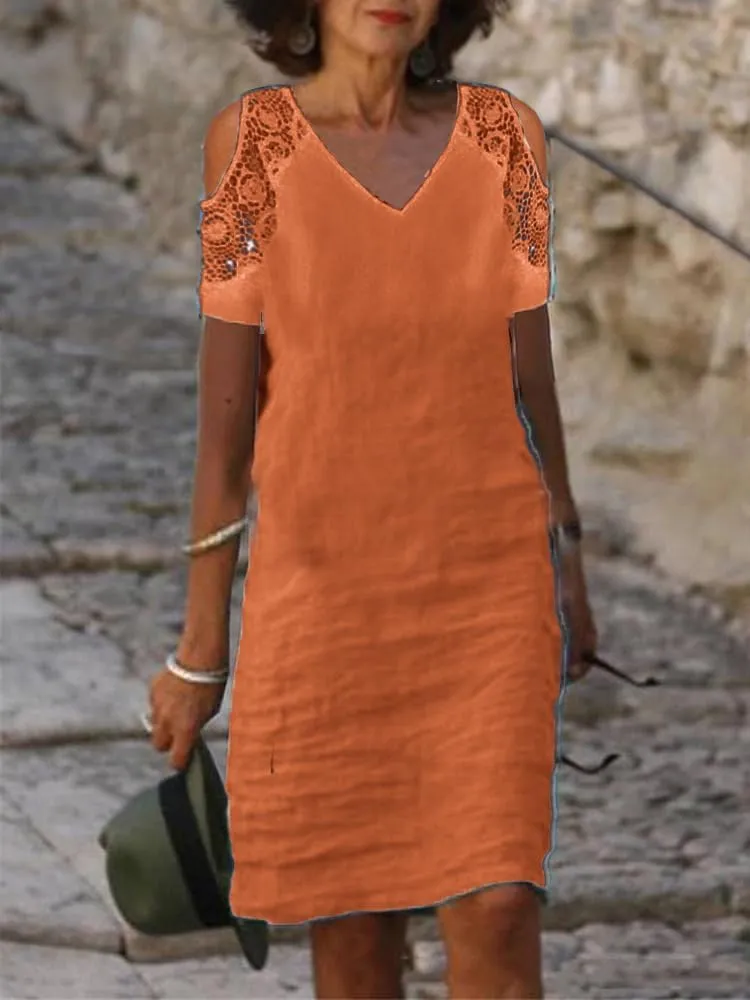 ZOCAVIA Womens Cotton Linen Dress Lace V Neck Summer Beach Vacation Knee Length Tshirt Shift Dresses Short Sleeve Plus Size
