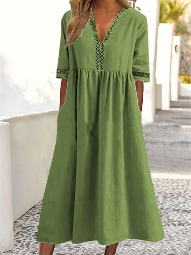 ZOCAVIA Womens Cotton Linen Midi Dress Short Sleeve Summer Beach Loose V Neck Lace Sleeve Edge A Line Dresses with Pockets