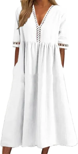 ZOCAVIA Womens Cotton Linen Midi Dress Short Sleeve Summer Beach Loose V Neck Lace Sleeve Edge A Line Dresses with Pockets