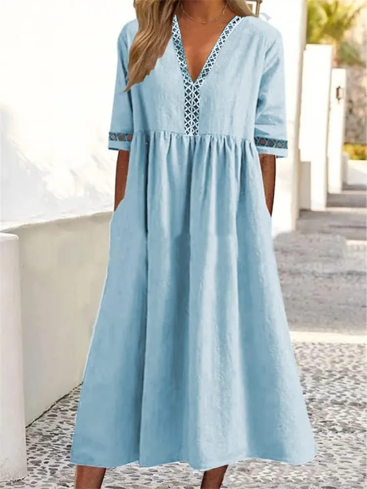 ZOCAVIA Womens Cotton Linen Midi Dress Short Sleeve Summer Beach Loose V Neck Lace Sleeve Edge A Line Dresses with Pockets