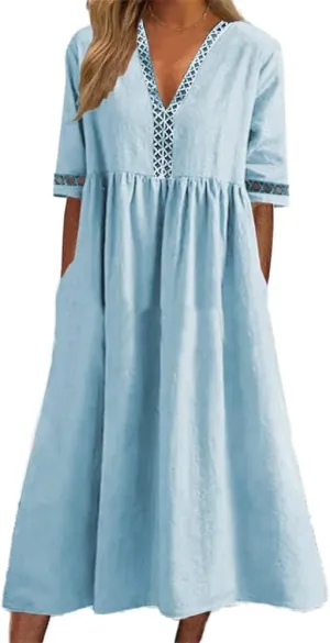 ZOCAVIA Womens Cotton Linen Midi Dress Short Sleeve Summer Beach Loose V Neck Lace Sleeve Edge A Line Dresses with Pockets