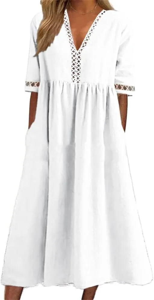 ZOCAVIA Womens Cotton Linen Midi Dress Short Sleeve Summer Beach Loose V Neck Lace Sleeve Edge A Line Dresses with Pockets