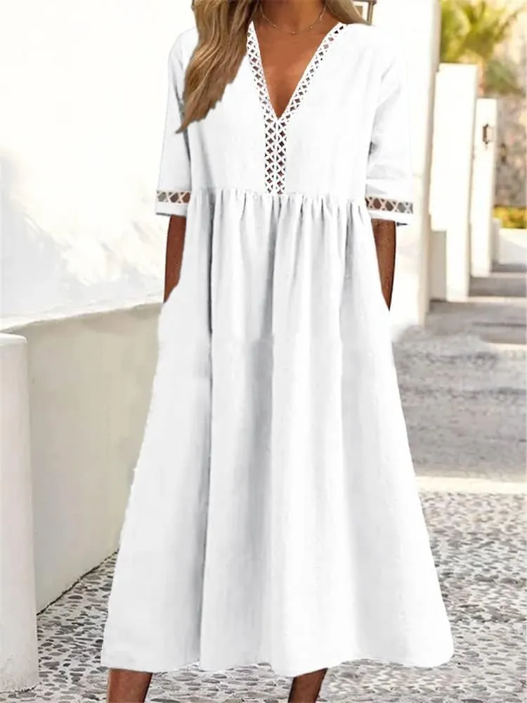 ZOCAVIA Womens Cotton Linen Midi Dress Short Sleeve Summer Beach Loose V Neck Lace Sleeve Edge A Line Dresses with Pockets