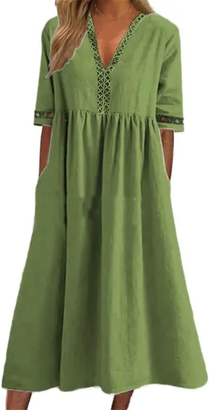 ZOCAVIA Womens Cotton Linen Midi Dress Short Sleeve Summer Beach Loose V Neck Lace Sleeve Edge A Line Dresses with Pockets
