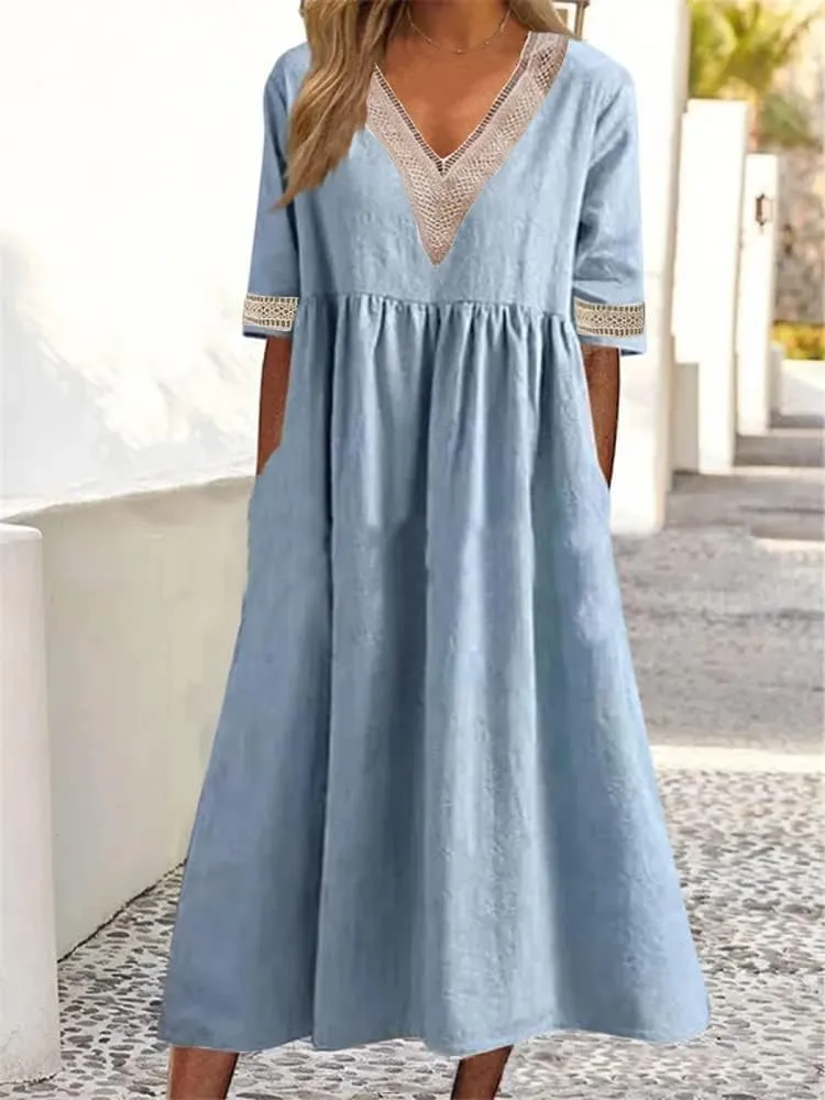 ZOCAVIA Womens Cotton Linen Midi Dress Short Sleeve Summer Beach Loose V Neck Lace Sleeve Edge A Line Dresses with Pockets