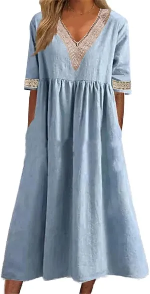 ZOCAVIA Womens Cotton Linen Midi Dress Short Sleeve Summer Beach Loose V Neck Lace Sleeve Edge A Line Dresses with Pockets